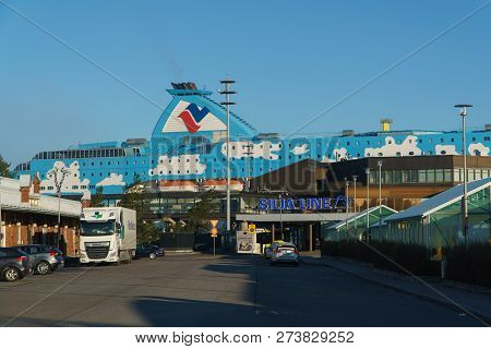 Turku, Finland - April 30, 2018: Office Of Silja Line Cruisery Company In The Port Of Turku With Big