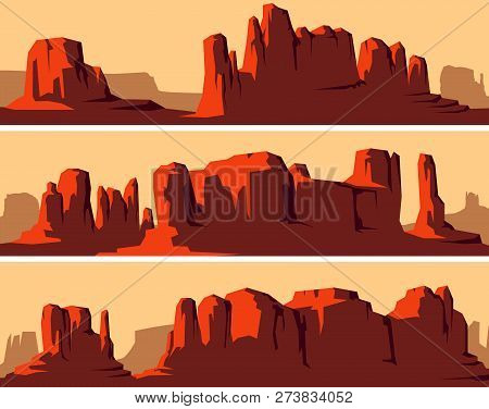 Set Of Vector Stylized Banner Of Wild West Desert Area With Rocks (monument Valley) At Sunset.