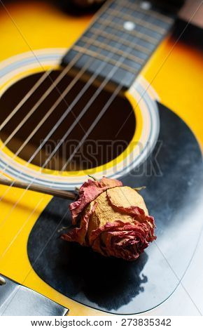 Acoustic Guitar With Dried Roses On The Wooden Table. Template For Advertising A Concert Of Memory S