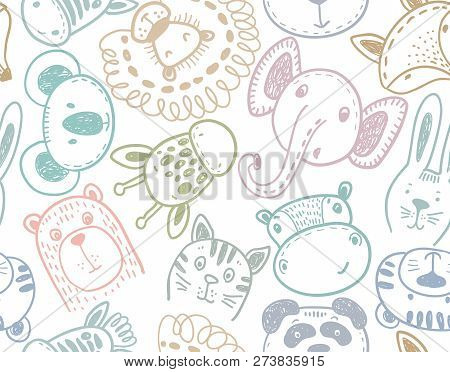 Seamless Pattern With Cute Animal Heads, Endless Background
