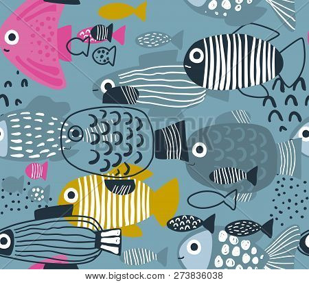 Vector Seamless Pattern With Colorful Funny Fishes