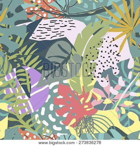Vector Seamless Pattern With Tropical Plants And Hand Drawn Abstract Textures