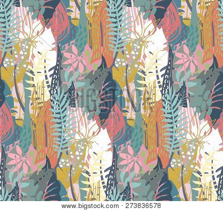 Vector Seamless Pattern With Tropical Plants And Hand Drawn Abstract Textures