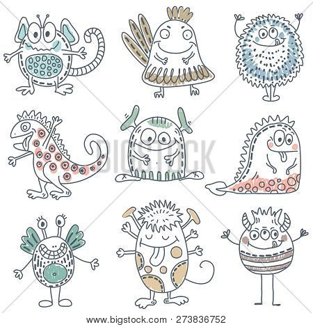 Vector Collection Of Colorful Funny Monsters. Cute Characters.