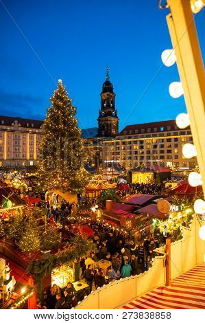 Dresden, Germany - 9.12.2018: People Visit Christmas Market Striezelmarkt In Dresden, Germany. Chris