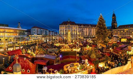 Dresden, Germany - 9.12.2018: People Visit Christmas Market Striezelmarkt In Dresden, Germany. Chris