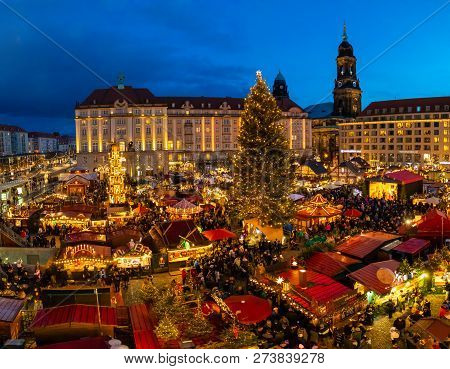 Dresden, Germany - 9.12.2018: People Visit Christmas Market Striezelmarkt In Dresden, Germany. Chris