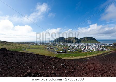 Heimaey Town Aerial View From Eldfell Volcano. Iceland Landscape. Westman Islands