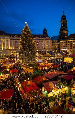 Dresden, Germany - 9.12.2018: People Visit Christmas Market Striezelmarkt In Dresden, Germany. Chris