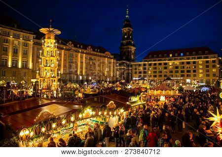 Dresden, Germany - 9.12.2018: People Visit Christmas Market Striezelmarkt In Dresden, Germany. Chris