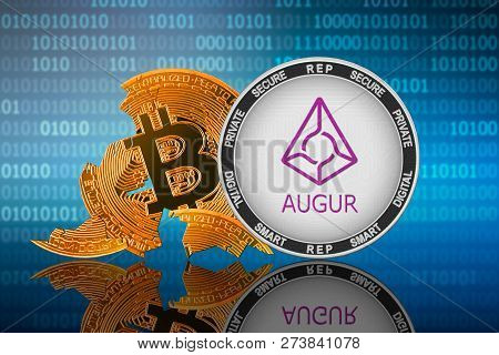 Augur Coin Stands In Front Of Cracked Coin Bitcoin On Binary Code Background; Augur Leader; Bitcoin 