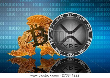 Xrp Coin Stands In Front Of Cracked Coin Bitcoin On Binary Code Background; Xrp Leader; Bitcoin Coll