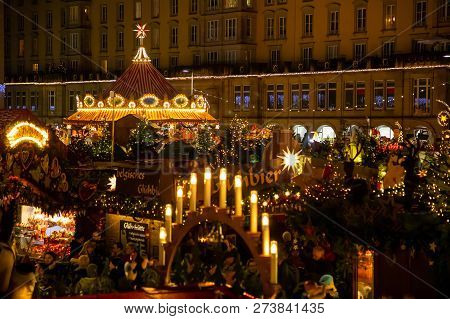 Dresden, Germany - 9.12.2018: People Visit Christmas Market Striezelmarkt In Dresden, Germany. Chris