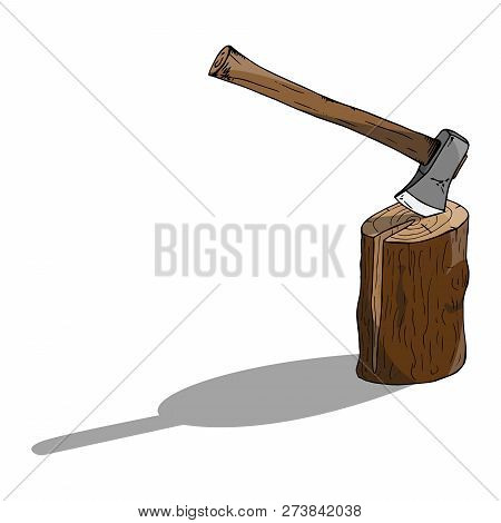 Ax In The Log Icon. Vector Illustration Of A Log With An Ax. Hand Drawn Ax.