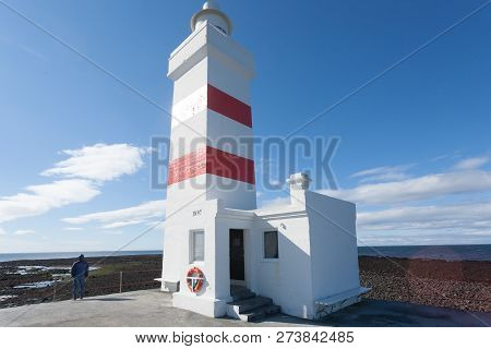 The Old Lighthouse In Gardur At Reykjanes Peninsula Iceland. Iceland Landmark