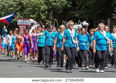 Prague, Czech Republic - July 1, 2018: Women Parading At Sokolsky Slet, A Once-every-six-years Gathe