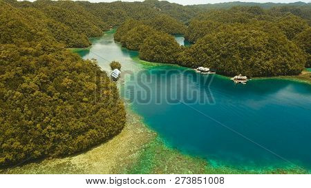 Aerial View: Bucas Grande Island, Sohoton Cove. Philippines. Tropical Sea Bay And Lagoon, Beach. Tro