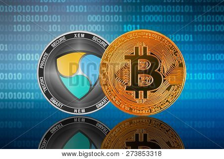 Bitcoin (btc) And Nem (xem)coin On The Binary Code Background; Bitcoin Vs Nem