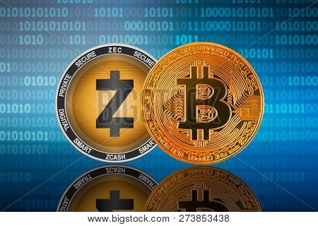 Bitcoin (btc) And Zcash (zec) Coin On The Binary Code Background; Bitcoin Vs Zcash