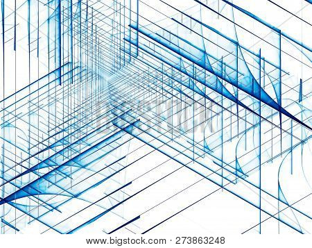 Simple White And Blue Background - Abstract Computer-generated Image. Fractal Geomertry: Lines, Wave