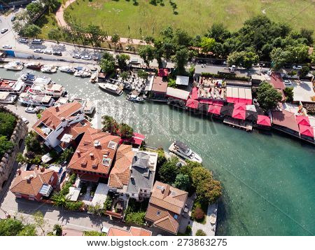 Aerial Drone View Of Goksu River In Beykoz / Istanbul. Cityscape.
