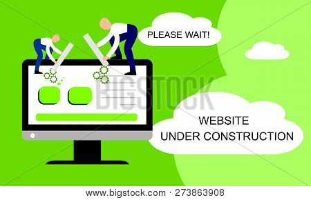 Website Under Construction. Two Of Young Professionals Working On A Web Page. Web Development.