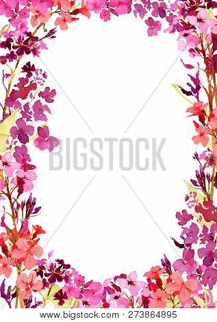 Hand Drawn Watercolor Square Rame With Meadow Small Pink And Violet Flowers And Herbs On White Backg