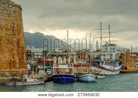Kyrenia Or Girne  Historical City Center, View To Marina With Many Yachts And Boats With Venetian Ca