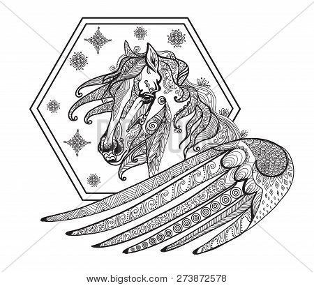 Vector Hand Drawing Illustration Zentangle Pegasus In Black Color Isolated On White Background. Dood