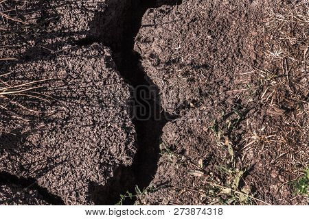 Dry, Lifeless Gray Brown Ground Cracked Due To Lack Of Moisture. Outdoors, Copy Space.