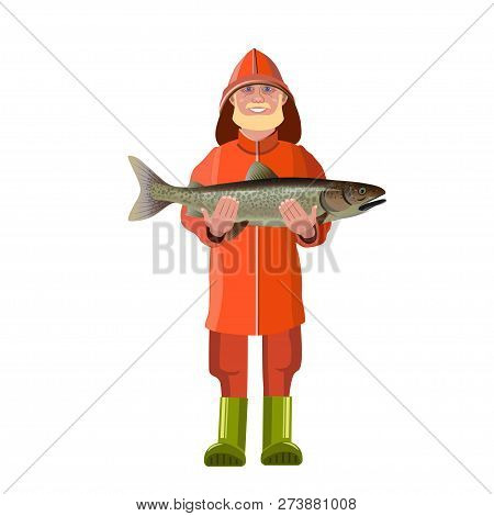 Fisherman In Waterproof Suit Showing Big Fish. Vector Illustration Isolated On White Background