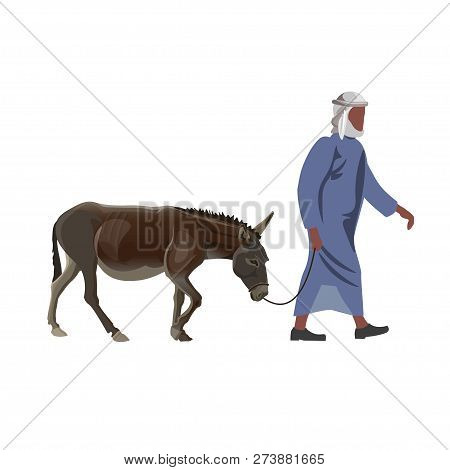 Arab Man Leading Donkey. Vector Illustration Isolated On White Background