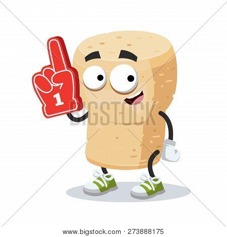 Cartoon Wine Cork Character Mascot With The Number 1 One Sports Fan Hand Glove