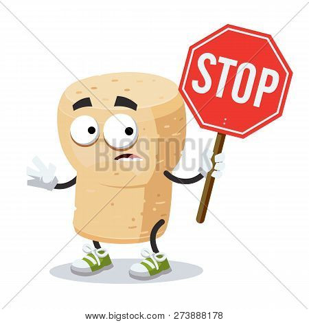 Cartoon Wine Cork Mascot With Tablet Stop In Hand