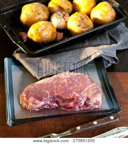Fresh Juicy Medium Rare Beef Grillsteak. Barbecue Meat Close Up.