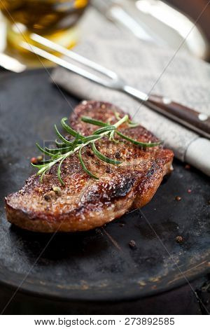 Fresh Juicy Medium Rare Beef Grillsteak. Barbecue Meat Close Up.