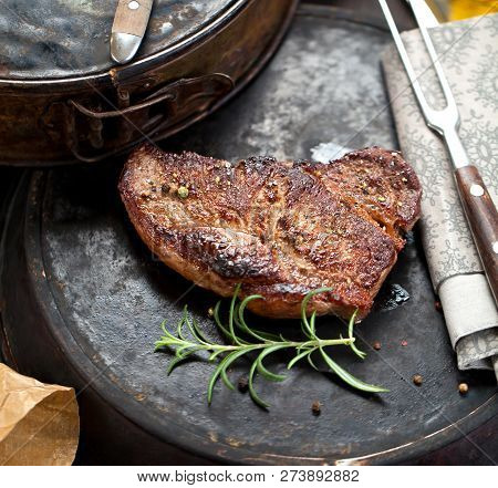 Fresh Juicy Medium Rare Beef Grillsteak. Barbecue Meat Close Up.