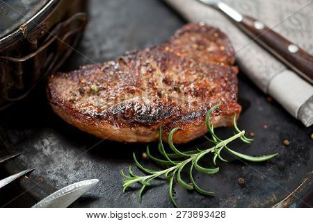 Fresh Juicy Medium Rare Beef Grillsteak. Barbecue Meat Close Up.
