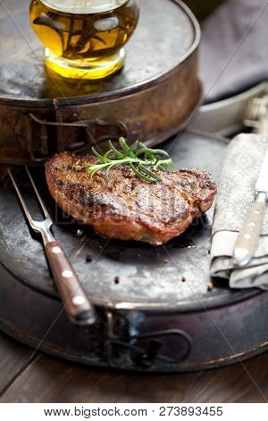Fresh Juicy Medium Rare Beef Grillsteak. Barbecue Meat Close Up.