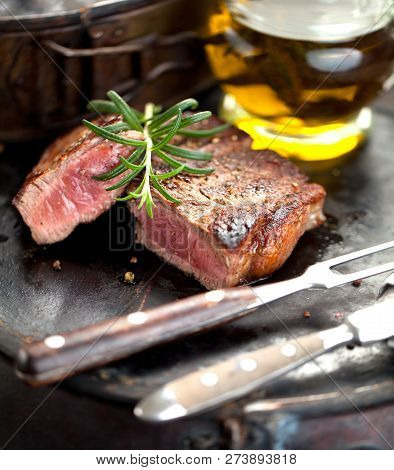 Fresh Juicy Medium Rare Beef Grillsteak. Barbecue Meat Close Up.