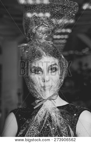 Pack, Package, Holiday Celebration, Preparation. Woman Face Makeup Wrapped In Overwrap, Pack. Girl W
