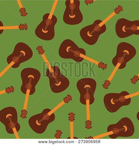 Guitars Seamless Vector Pattern On A Green Background. Music Instrument Design Repeating Tile. Illus