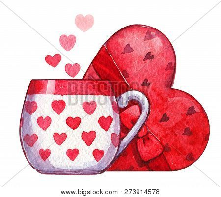 Valentines Day Cup Candy Hearts Watercolor Red