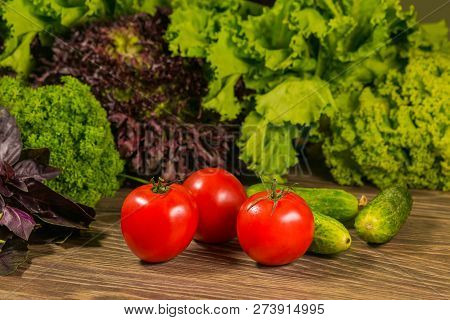 Tomatoes And Cucumbers. Fresh Vegetables On Wooden Background