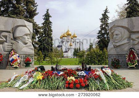 Yaroslavl, Russia-may 8: The Eternal Flame Memorial On The Background Of The Assumption Cathedral In