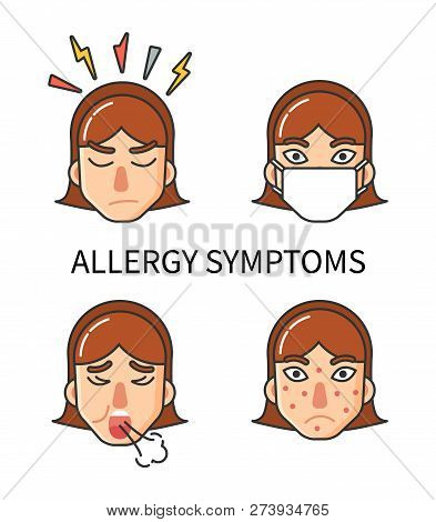 Allergy Symptoms, Body Hypersensitivity Of Organism Isolated Icons Set Vector. Angry Girl With Heada