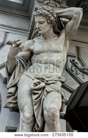 Statue Of Atlas On Andrassy Street, Closeup On The Building, Budapest, Hungary.