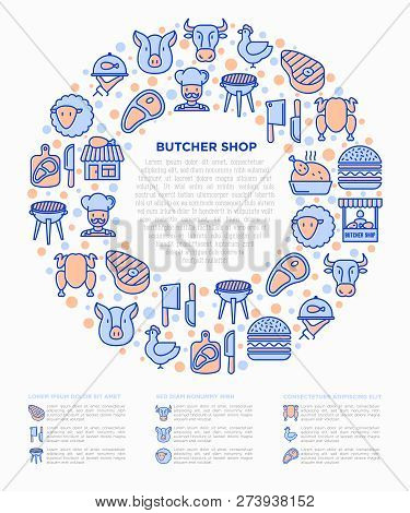 Butcher Shop Concept In Circle With Thin Line Icons: Meat Steak, Beef, Pork, Mutton, Bbq, Chicken, B