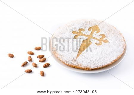 Tarta De Santiago. Traditional Almond Cake From Santiago In Spain, Isolated On White Background