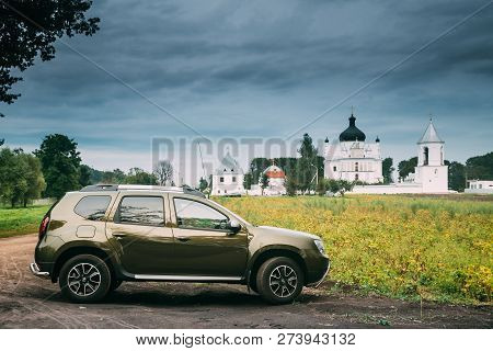 Mahiliou, Belarus - August 18, 2018: Car Renault Duster Or Dacia Duster Suv Parked Near Famous Landm